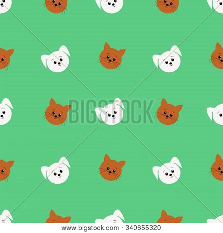 Seamless Pattern With Cartoon Dog And Cat. Vector Illustration For Kids.