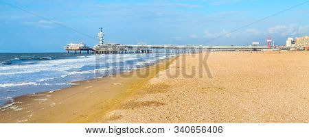 North Sea Beach And Scheveningen Pier Near Hague, Holland, The Netherlands Banner Panoramic