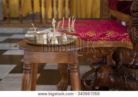Objects For Worship The Deities In The Indian Culture Called Arati Paraphernalia. Indian Puja Plate.