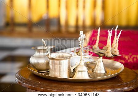 Objects For Worship The Deities In The Indian Culture Called Arati Paraphernalia. Indian Puja Plate.