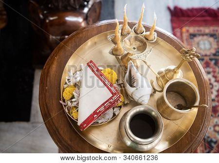 Objects For Worship The Deities In The Indian Culture Called Arati Paraphernalia. Indian Puja Plate.