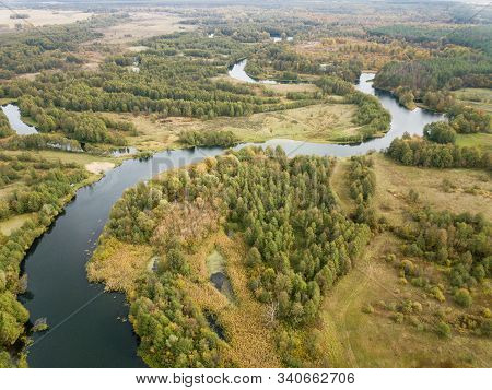 Aerial View Of River Snov In Autumn Near Village Of Sednev, Chernihiv Region, Ukraine.