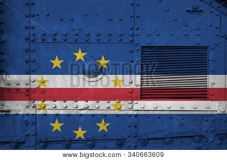 Cabo Verde Flag Depicted On Side Part Of Military Armored Tank Closeup. Army Forces Conceptual Backg