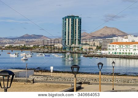 Arrecife, Spain -  November 5, 2018:  View From Castillo De San Gabriel Alongside The Harbour Of A P