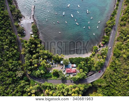 Guadeloupe Beach Drone Sunset View. Harbor Bay Aerial View In Marigot.