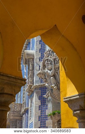 Sintra, Portugal - May, 2018: Detail Of The Architecture Of The Pena Palace A Romanticist Castle Loc