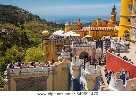 Sintra, Portugal - May, 2018: Tourists Visiting The Pena Palace A Romanticist Castle Located In Sao 
