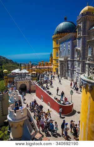 Sintra, Portugal - May, 2018: Tourists Visiting The Pena Palace A Romanticist Castle Located In Sao 