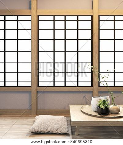 Ryokan Living Room Japanese Style On Wall Wooden Decoraion.3D Rendering