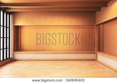 Japanese Empty Room Wood On Wooden Floor Japanese Interior Design.3D Rendering