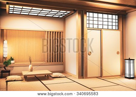 Ryokan Living Room Japanese Style On Wall Wooden Decoraion.3d Rendering