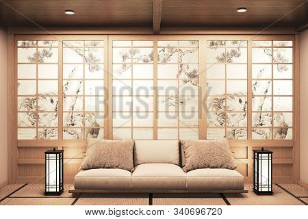 Ryokan Japanese Style On Room Wooden Very Beautiful Design. 3d Rendering
