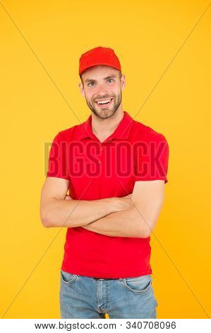 Food Order Deliveryman. Sales Team Member. Hiring Shop Store Worker. Happy Guy. Dealer Yellow Wall. 