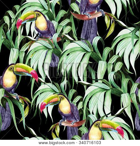 Beautiful Watercolor Seamless Pattern With Tropical Leaves And Bird Tukan.  Illustration