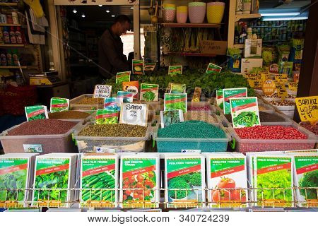 Istanbul, Turkey - September 19th 2019. A Stall Selling Vegetable Seeds In The Exterior Part Of The 