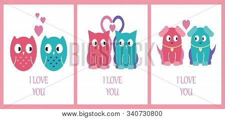 Card Set With Cute Animals. I Love You