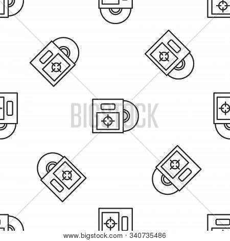 Grey Line Cd Or Dvd Disk In Box Icon Isolated Seamless Pattern On White Background. Compact Disc Sig