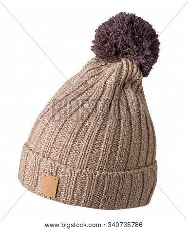 Knitted Hakki Hat Isolated On White Background.hat With Pompon .