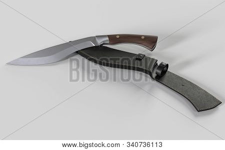 Kukri-style Hunting Knife Complete With Leather Sheath. Isolated On White Background. 3d Illustratio