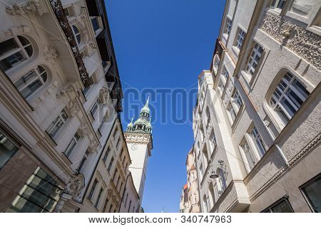 Old Town Hall Of Brno, Also Called Stara Radnice, With Its Iconic Belfry Clock Tower Surrounded By M