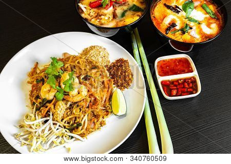 Pad Thai, Or Phad Thai, Is A Stir-fried Rice Noodle Traditional Dish Served As A Street Food In Thai