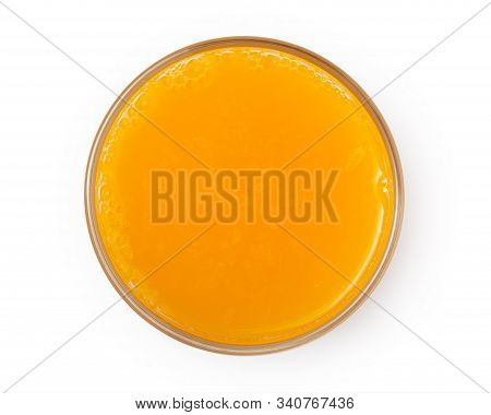 Glass Of Fresh Orange Juice Isolated On White Background, Top View.