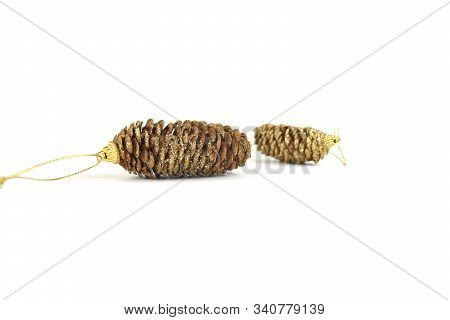 Fir Cones With Sparkles Isolated On White Background. Greeting Card. New Years Holidays. Decoration