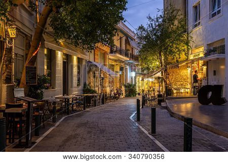 Athens, Greece November 18, 2019: Bars And Coffee Shops In Psirri Neighbourhood In Central Athens, G