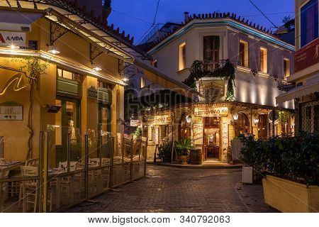 Athens, Greece November 18, 2019: Restaurants In Psirri Neighbourhood In Central Athens, Greece.