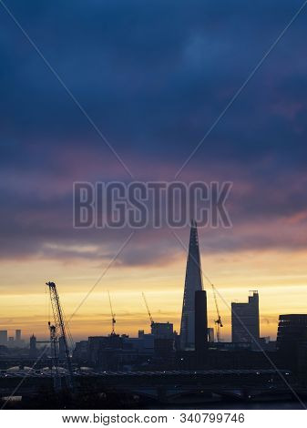 Majestic Dawn Sunrise Landscape Cityscape Over London City Sykline Looking East Along River Thames