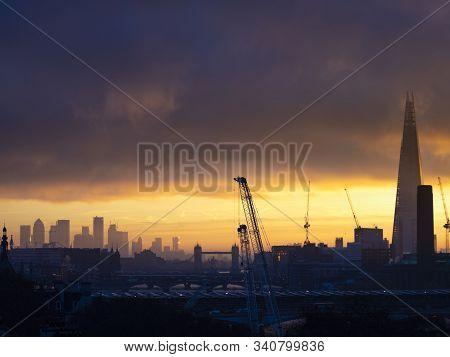 Majestic Dawn Sunrise Landscape Cityscape Over London City Sykline Looking East Along River Thames
