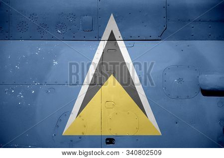 Saint Lucia Flag Depicted On Side Part Of Military Armored Helicopter Closeup. Army Forces Aircraft 