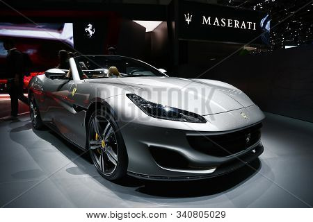 Geneva, Switzerland - March 10, 2019: Grey Convertible Sports Car Ferrari Portofino Presented At The