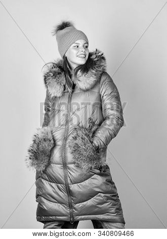 Warm Smiles. Happy Winter Holidays. Xmas Coming. Woman In Padded Warm Coat. Beauty In Winter Clothin