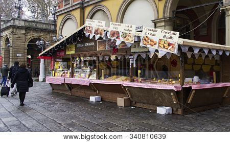 Bologna / Italy - December 18, 2019: Christmas Market Of Porta Galliera. Christmas Shopping In Piazz