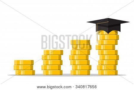 Graduation Cap And Gold Coin. Education Savings And Investmet Concept. Academic And School Knowledge