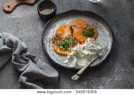 Buratta Italian Cheese Snack Served On Handmade Plate