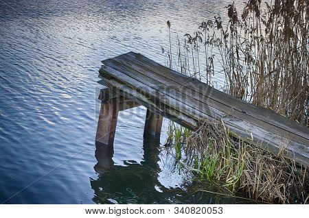 River Pier In Sedge And Calamus. Relaxation And Relaxation On The Beach. Belarus. Salihorsk.