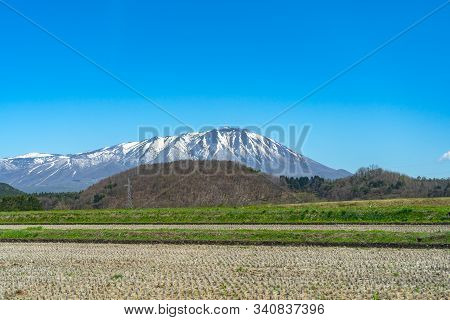 Beauty Nature View, Snowcapped Mountain Range In Background, Forest And Green Grassland In Foregroun