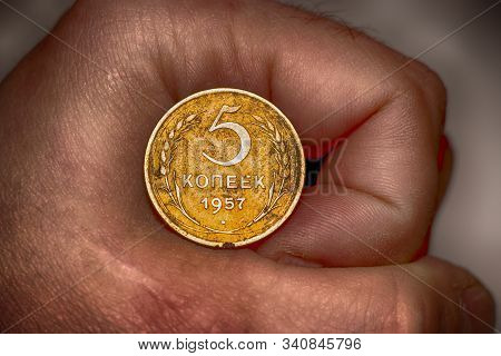 Old Soviet Kopecks Coin In Hand. Soviet Union. Concept For Design