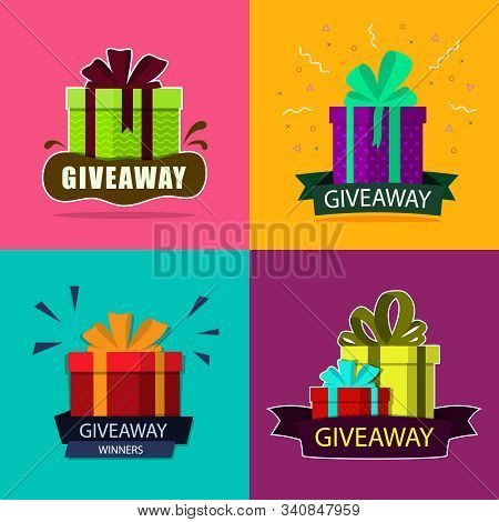 Giveaway Winner Flyer. Gift Box With Ribbon For Contest Win. Gift For Announcement Of Win Poster. Co