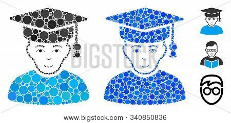 Professor Mosaic Of Filled Circles In Variable Sizes And Color Hues, Based On Professor Icon. Vector