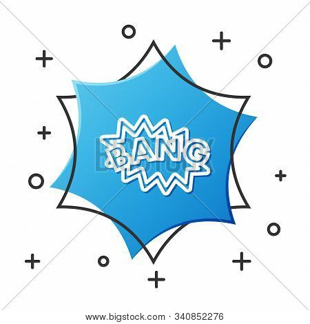 White Line Bang Boom, Gun Comic Text Speech Bubble Balloon Icon Isolated On White Background. Blue H