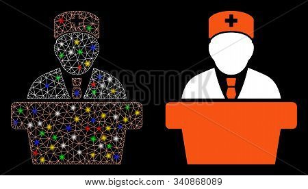 Glowing Mesh Health Care Official Icon With Sparkle Effect. Abstract Illuminated Model Of Health Car