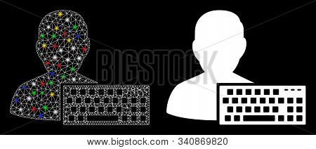 Glossy Mesh Coder Icon With Glitter Effect. Abstract Illuminated Model Of Coder. Shiny Wire Frame Po