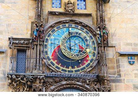 Closeup Prague Astronomical Clock Orloj With Small Figures Located At The Medieval Old Town Hall Bui