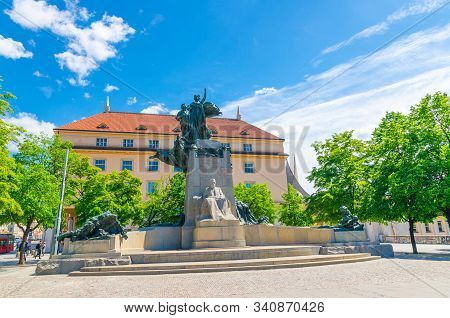 Frantisek Palacky Monument On Palace Square Palackeho Namesti And Ministry Of Health Building In Pra