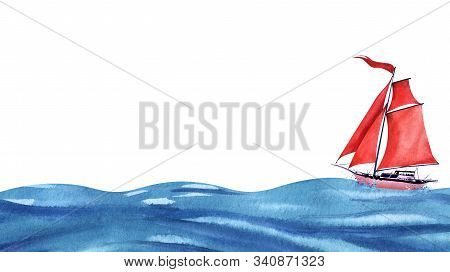 Small Pink Abstract Sailing Yacht With Red Sails And A Red Waving Flag. Sailing Among The Ocean Wave