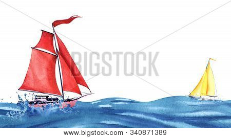 Pink Abstract Sailing Yacht With Red Sails And Red Waving Flag Small Yellow Sailboat On Blue Waves. 