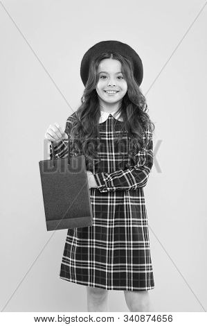 Hurry Last Chance Because Its Sale. Cute Small Child Smiling With Purchase Bought At Sale On Yellow 
